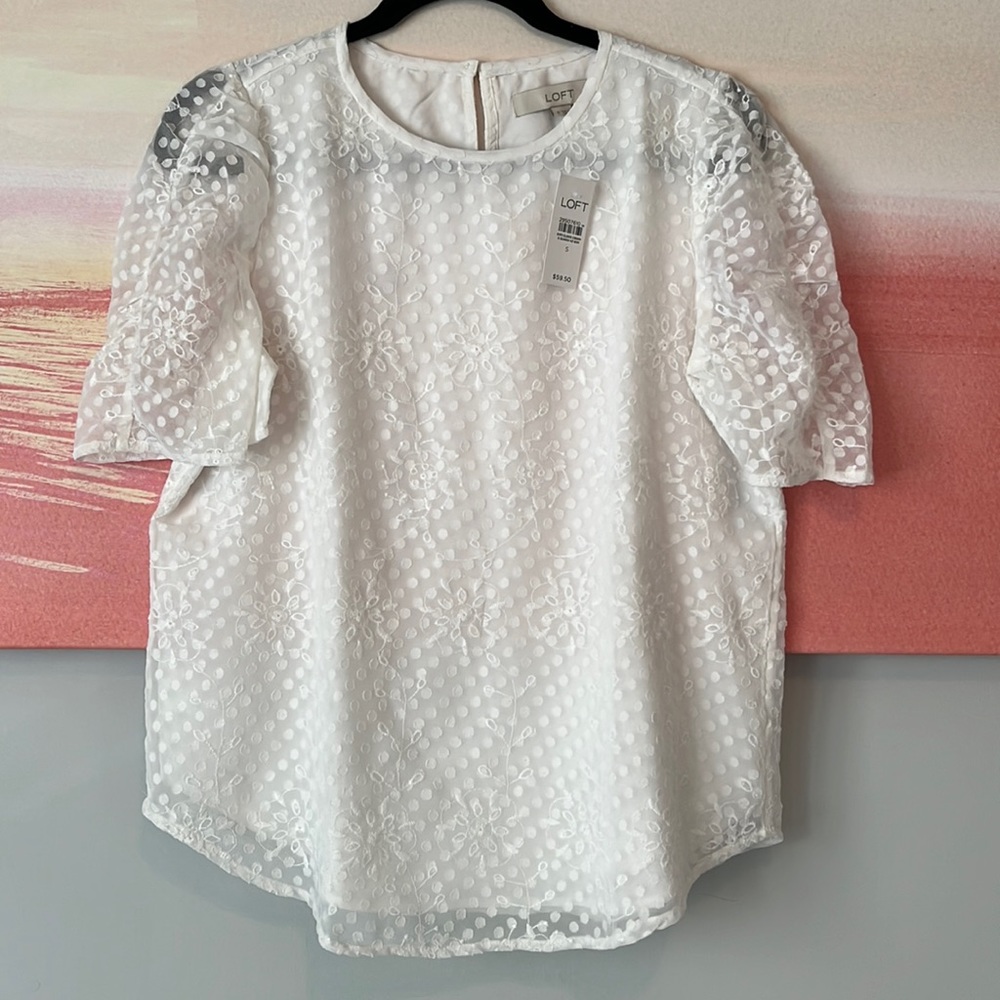 LOFT white floral embroidered blouse